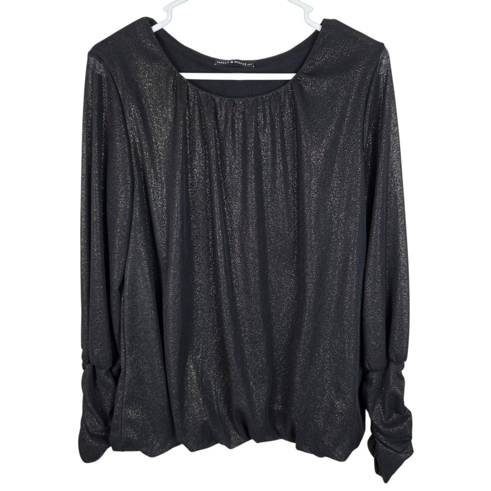 Nally & Millie Metallic Shimmer Top Women XL Black Gold Excellent Ruched Sleeve